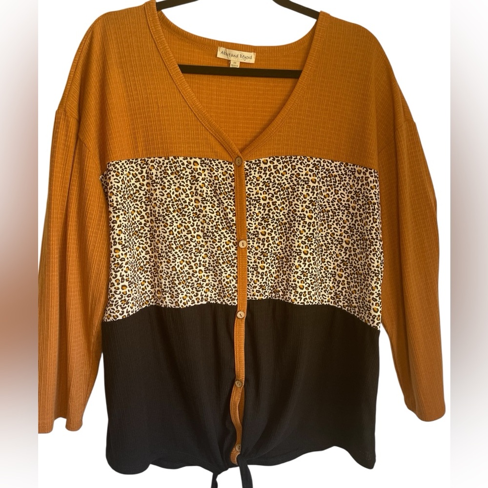 Above and Beyond Mustard Colorblock‎ Button-Up with Leopard Panel